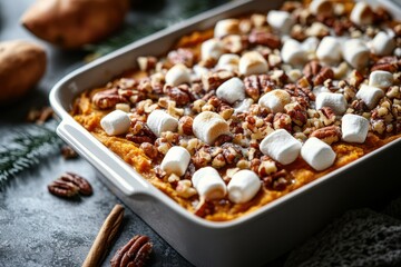 Delicious sweet potato casserole topped with marshmallows and pecans, perfect for festive gatherings.