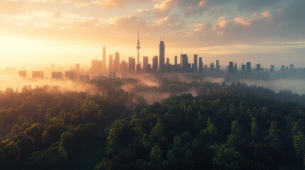 Naklejka premium Sunrise over a city shrouded in a misty forest. A panoramic view of a modern city skyline, rising above a lush green forest blanketed by a thick fog, illuminated by a golden sunrise