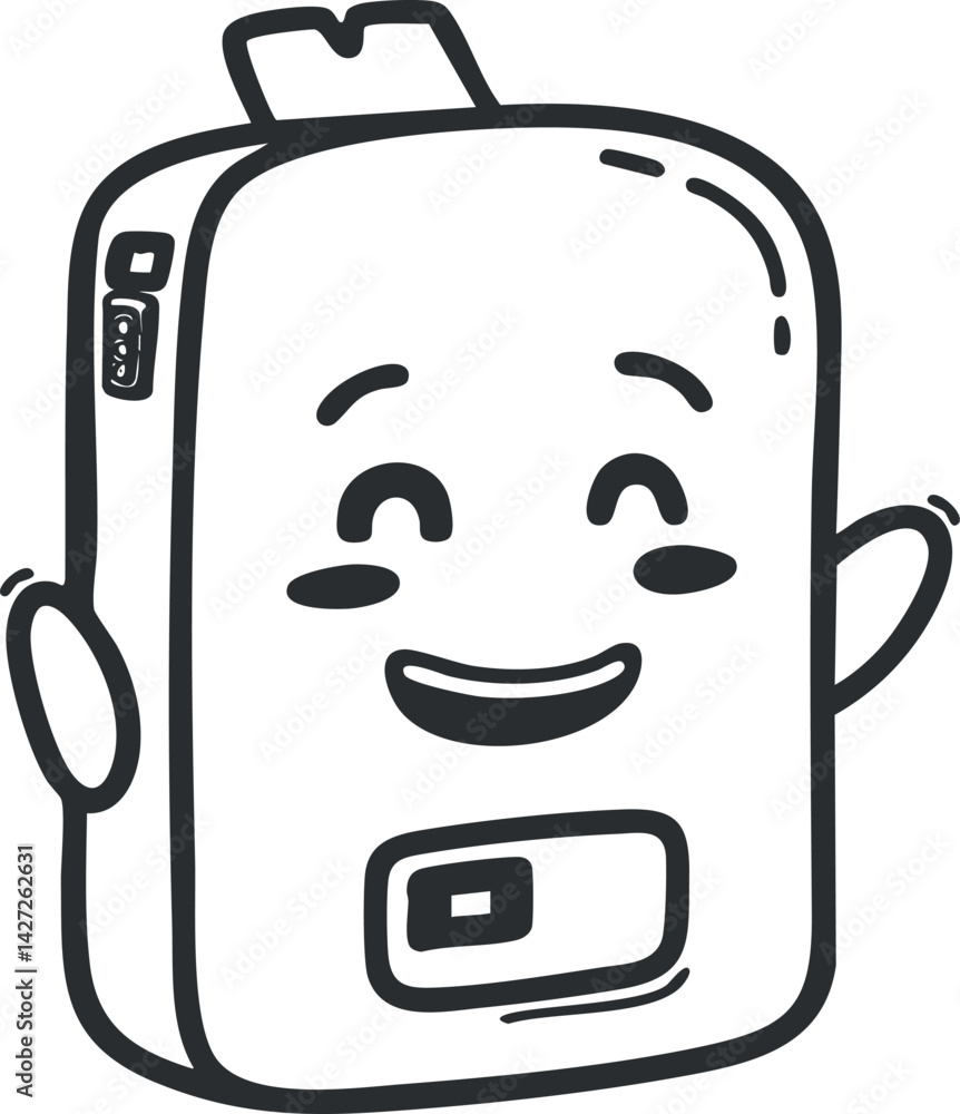 Poster a cheerful cartoon backpack character with a smiling face and playful expression.