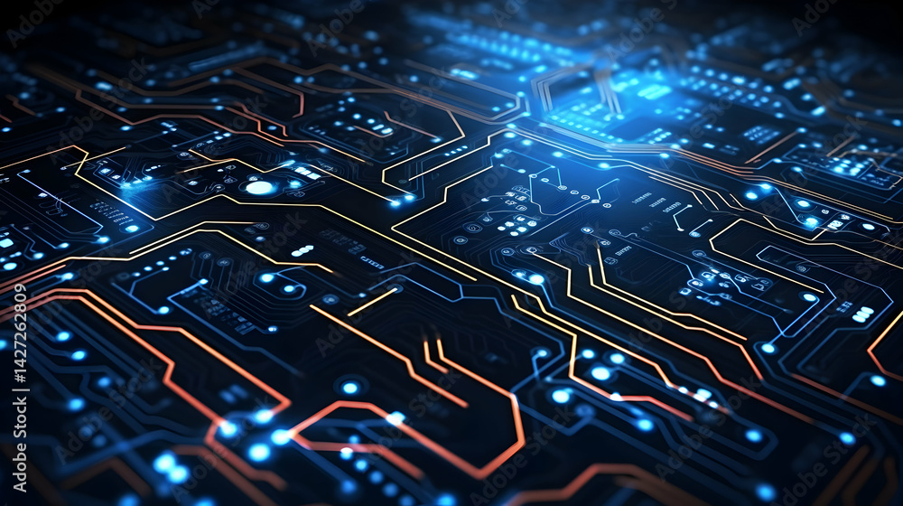Poster intricate technological circuit board design with glowing pathways and components