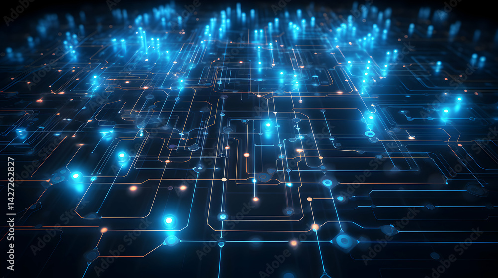 Poster abstract glowing network connections illuminating a technological architecture