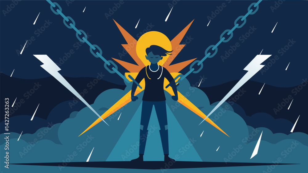 Poster a person stands in a storm breaking chains with each flash of lightning symbolizing the strength and