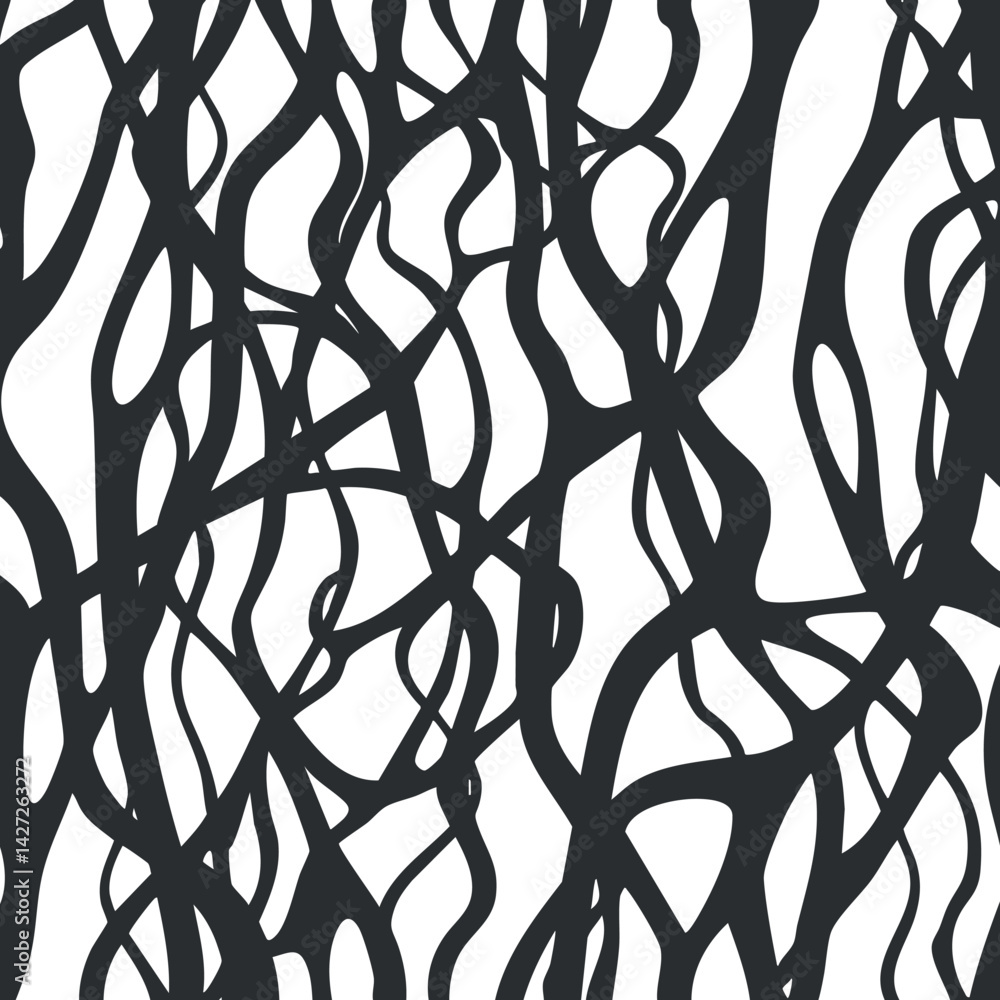 Poster abstract black and white pattern featuring intertwined lines and curves for modern design.