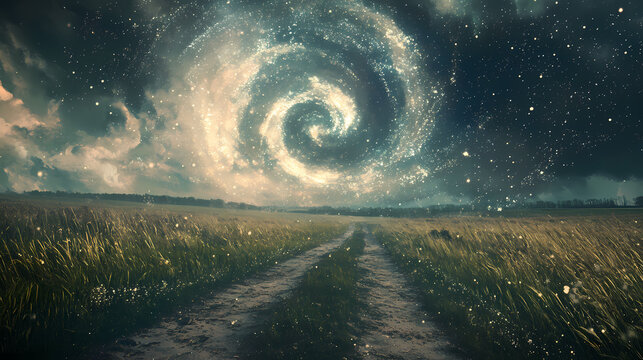 Dynamic swirl of hailstorm particles and dust energizing abandoned pathway. Datastream Bloom. Illustration