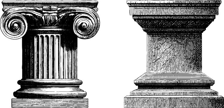 Classical architectural elements: engraved ionic column and cori design for historical studies