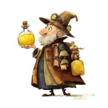 Alchemist with golden elixir and curious eyes