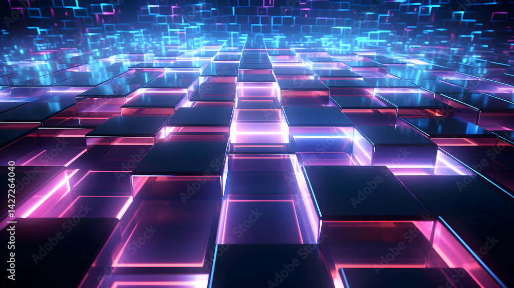 Poster cybernetic grid: abstract digital blocks with fluorescent illumination