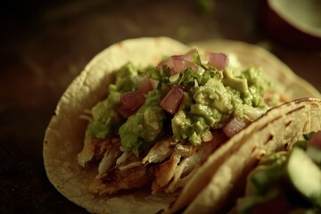 Delicious fish tacos topped with fresh guacamole and diced tomatoes, served on warm tortillas.