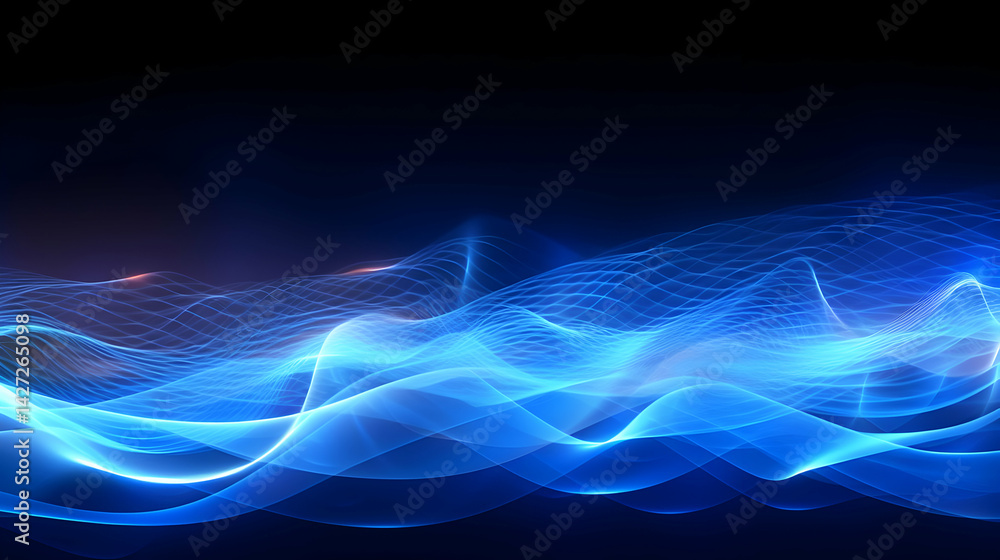 Poster Abstract luminous blue waves on dark background create a dynamic visual flow