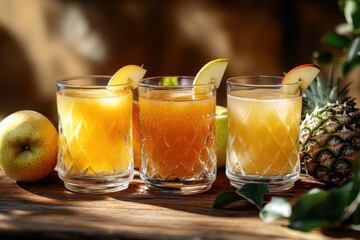 Fototapeta premium Three refreshing fruit juices with apple garnish in stylish glasses, surrounded by fresh fruits.