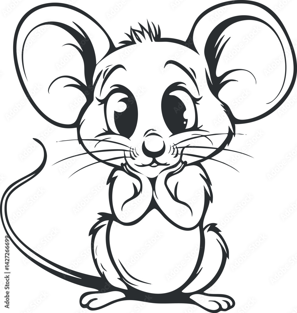 Poster a cute cartoon mouse character with a cheerful expression and playful demeanor in line art style.