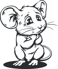A cute cartoon mouse character sitting thoughtfully with a cheerful expression in black and white.