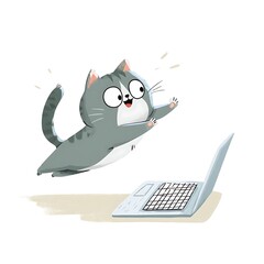 Obraz premium Cartoon cat jumping on keyboard during video call