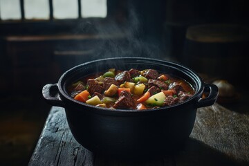 A steaming pot of hearty beef stew with vegetables, capturing warmth and comfort in a rustic setting.