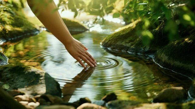 Hand touching water in forest, creating ripples Nature, tranquility