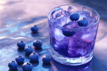 A refreshing glass of purple blueberry beverage with ice, showcasing vibrant colors and a chilled aesthetic.