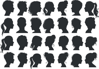 A collection of diverse silhouette profiles showcasing various hairstyles and head shapes in black and white.