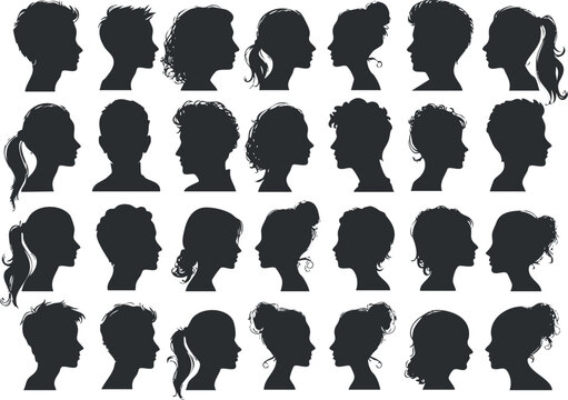 A collection of diverse silhouette profiles showcasing various hairstyles and head shapes in black and white.