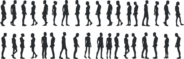 A series of human silhouettes demonstrating various walking poses in a minimalist design.