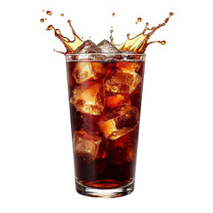 Glass of Cola with Ice Cubes and Splash Transparent Background