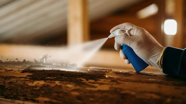Gloved hand spraying pesticide on termite infestation in wooden structure indoors