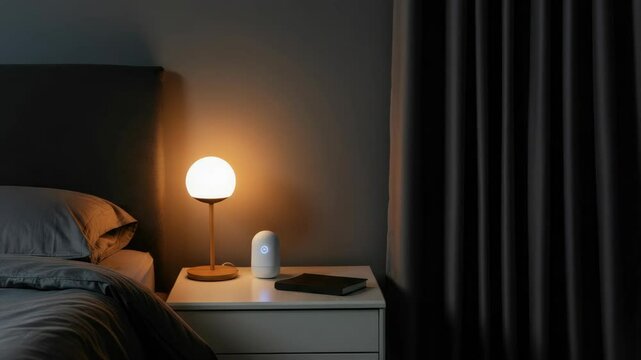 Cozy bedroom at night with lamp and smart device on bedside table