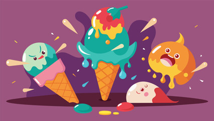 Fototapeta premium Melting cones and sticky fingers adding to the chaos of the ice cream eating challenge.. Vector illustration