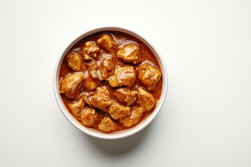 Obraz premium A vibrant bowl of chicken curry featuring tender pieces in a rich, spicy sauce.