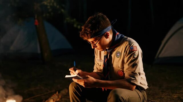 Young male camper writing in notebook, seated near tents at night, wearing scout uniform