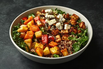 A vibrant vegetarian bowl featuring quinoa, roasted vegetables, and feta cheese, perfect for a healthy meal.