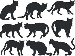 A collection of black cat silhouettes in various poses showcasing their playful and graceful nature.