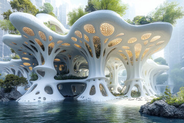 Floating house in Hong Kong harbor amidst skyscrapers with traditional red sails, blending modern and traditional elements in a stunning contrast.