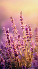 Lavender flowers bloom in a tranquil setting, showcasing soft hues and warm light, creating a peaceful atmosphere for relaxation