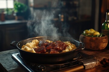 Fototapeta premium A delicious dish of tender beef served over creamy mashed potatoes, steaming in a rustic kitchen.