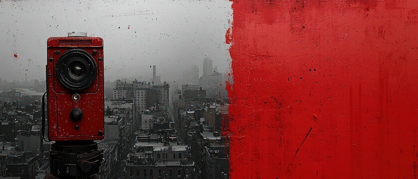 A red device overlooks a grayscale cityscape, a stark contrast against a textured red background