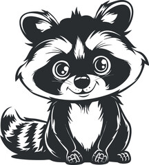 A cute cartoon raccoon character sitting down with a friendly smile and big eyes.