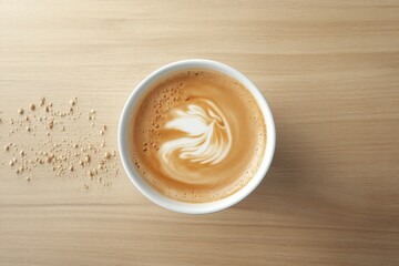 Delicious latte art in a white cup resting on a wooden table, showcasing creamy swirls and textures.
