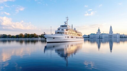 Fototapeta premium Luxury yacht at dawn, tranquil harbor scene