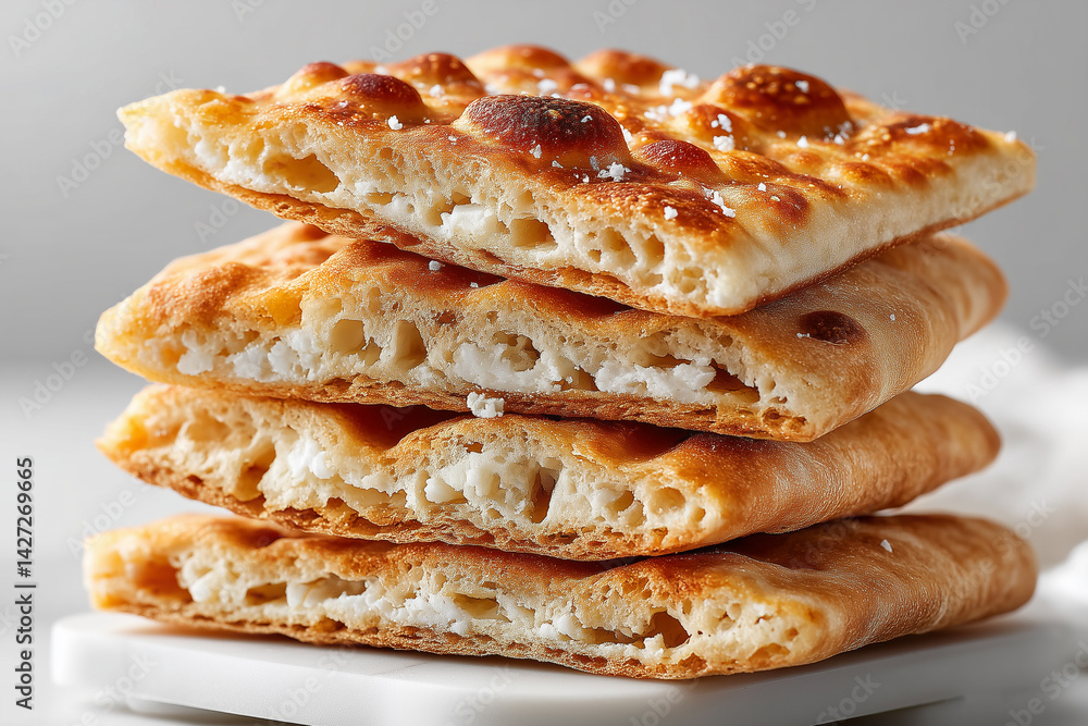 Poster layered flatbreads arranged in neat stack showcasing golden crust and fluffy texture. clean white ba