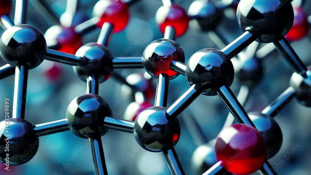 Aufkleber exploration of molecular structures with black and red atoms in a detailed 4k animation showcasing s