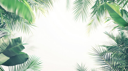 Lush green palm fronds and banana leaves create a vibrant tropical border against a bright, sunlit background, evoking a sense of relaxation and exotic beauty.