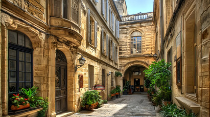 Fototapeta premium Charming European City Alleyway With Stone Buildings