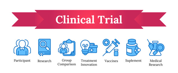 Clinical Trial - research, treatment, medicine, and vaccine Vector icon sheet vector blue fill