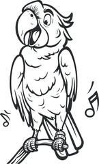 A playful cartoon parrot sitting on a perch, illustrated in a whimsical style with musical notes.
