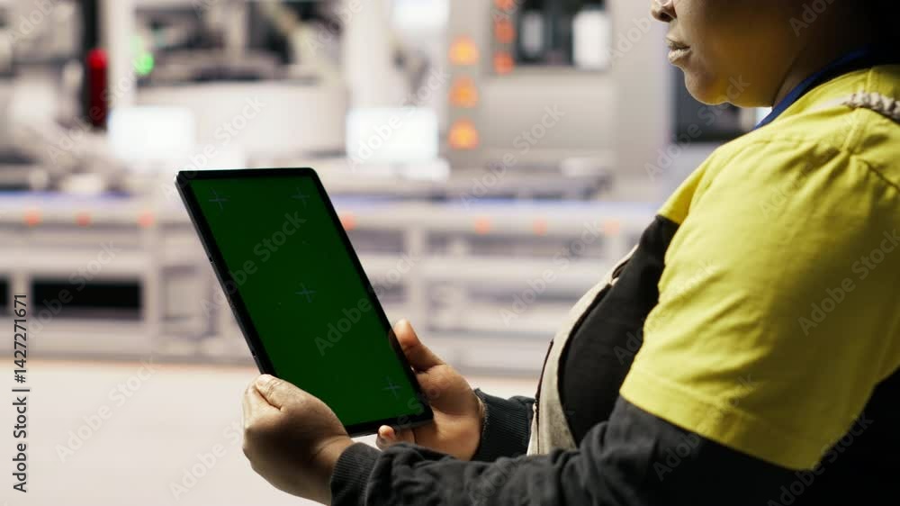 Poster close up of green screen tablet used by engineer in factory to perform maintenance, analyzing iot se