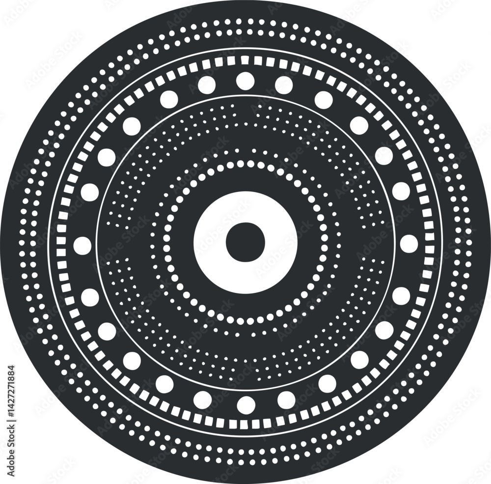 Poster abstract circular pattern featuring intricate dots and geometric designs in black and white.