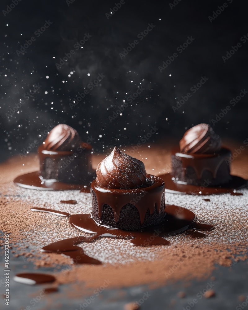 Poster decadent chocolate cupcakes with glossy ganache and a dusting of cocoa on a dark background.