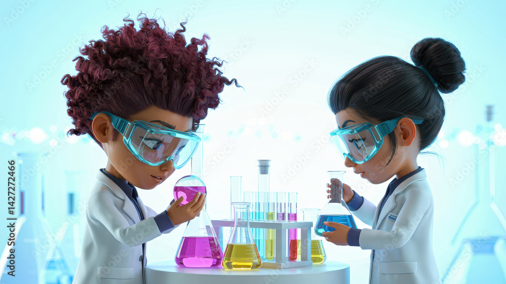Poster two young scientists conducting experiments with colorful liquids in a laboratory setting wearing sa