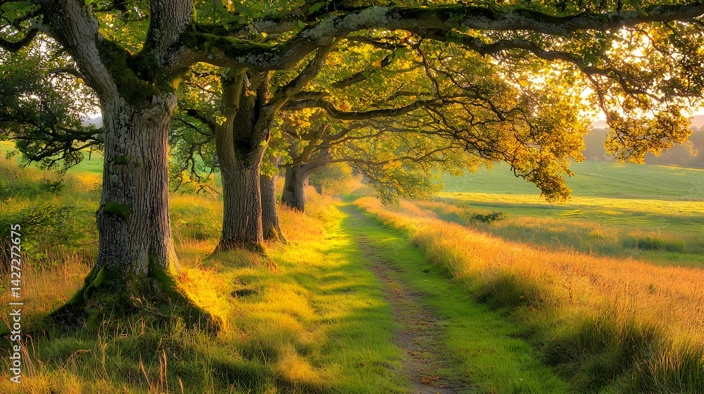 Poster sunlight path through trees in golden field
