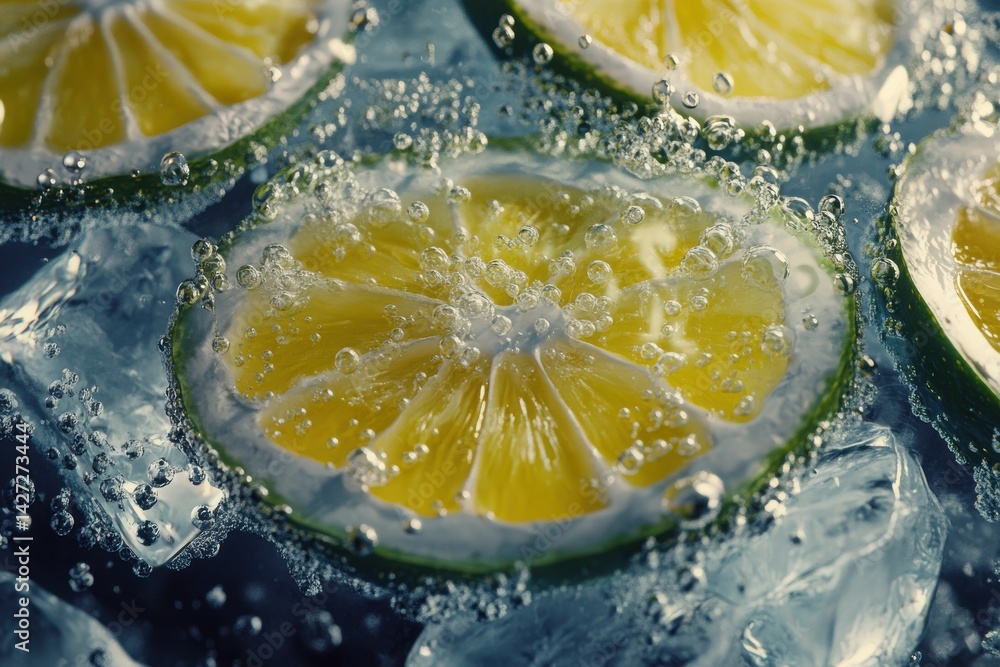 Poster fresh lime slices submerged in bubbly water, creating a refreshing and vibrant atmosphere.
